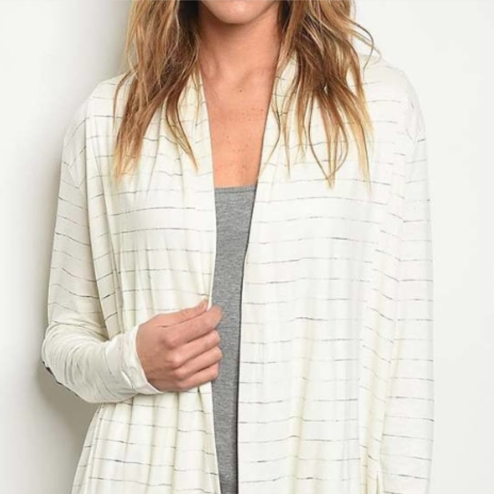 GREY STRIPE LOOSE FIT CARDIGAN WITH ELBOW PATCH